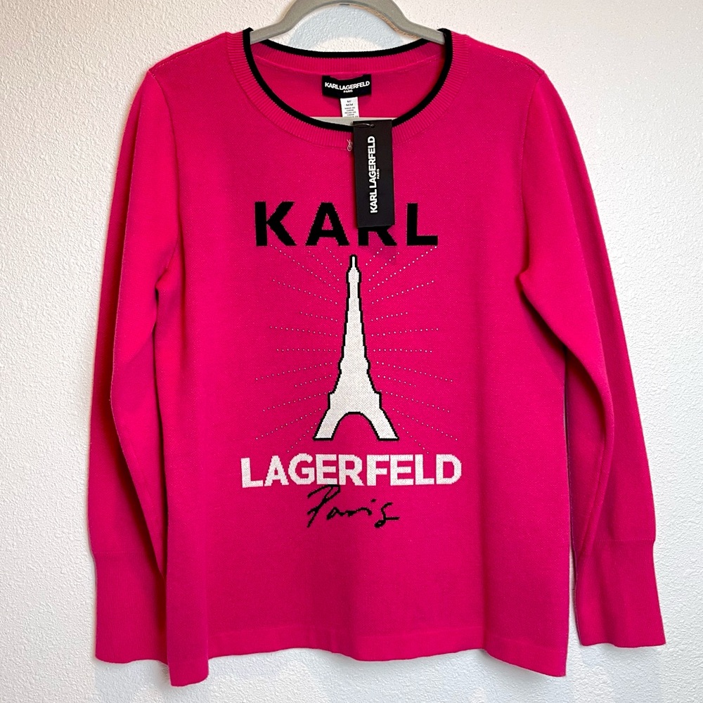 KARL LAGERFELD pink Sweater scoop crew neck | Eiffel Tower Paris | M and L sizes